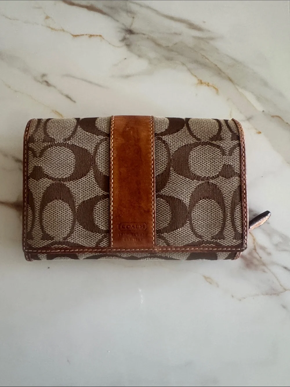 Coach Brown Signature Canvas Wallet with Leather Stripe